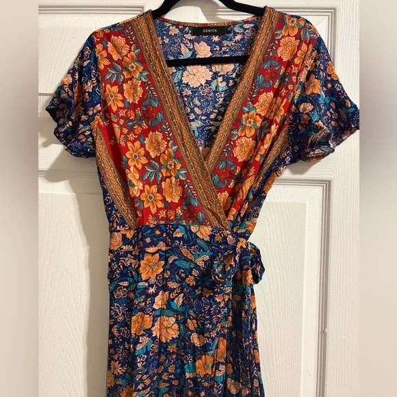 Floral Blue and Orange Women's Dress - Picture 3 of 3
